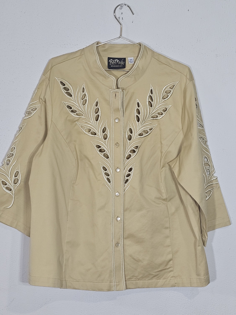 Bob Mackie Cream Leaf-Cutout Embroidered Jacket Womens Plus Sz 2X Art Boho
